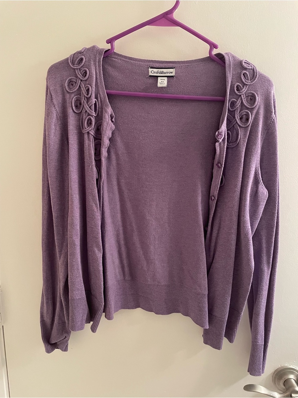 croft & barrow Lavender Purple Open-Front Cardigan with Rosette Accents